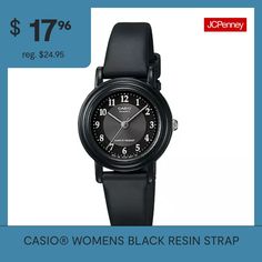 Make an impression with this watch that combines classic lines with modern touches. The round case is detailed with a clean black dial adorned with contrasting numerals and indices. A sleek black resin strap finishes the sophisticated look.Bracelet Dimensions: 9" long; 11.43mm wideModel No.: LQ139A-1B3Features: Analog, Water Resistant, Quick ShipJewelry Closure: BucklePower Source: Battery (included)Watch Movement: QuartzWater Resistance: 100mBand Color: BlackDial Color: BlackCase Thickness: 7.… Trendy Analog Round Dial Watch Accessories, Trendy Analog Watch Accessories With Round Dial, Casual Black Watch Accessories With Round Dial, Trendy Analog Watch Accessories, Black Casual Watch Accessories, Trendy Black Watch For Everyday Use, Trendy Black Watch For Everyday, Trendy Black Everyday Watch, Classic Black Watch With Black Band