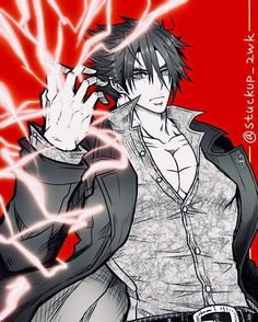 an anime character holding his hand up to his face with lightning coming from behind him