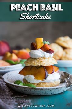 a stack of food sitting on top of a white plate next to other plates filled with fruit