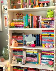 a bookshelf filled with lots of books and stuffed animals on top of it