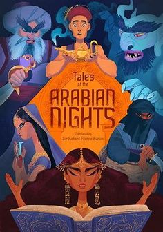 the cover to tales of the arabian nights, with an illustration of two women reading