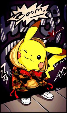 a drawing of a pikachu sitting on top of a wooden floor in front of graffiti