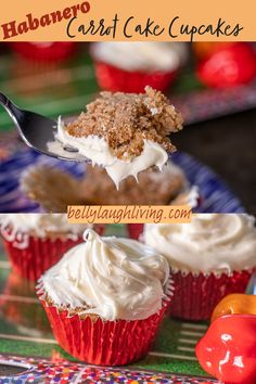 Spicy habanero amps up the warm cinnamon spice in the cupcakes while cream cheese frosting complements and cools the heat Low Fat Carrot Cake, Spicy Carrot Cake, Spicy Desserts, Fall Fun Food, Carrot Cake Cupcakes, Cream Pie Recipes, Spicy Snacks