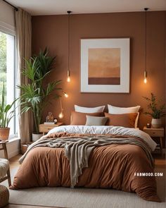 a bedroom with brown walls and white bedding, potted plants on either side of the bed