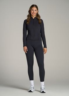 Women's Tall Activewear, Redefined Break a Sweat In Style Introducing the Balance Zip-Up Jacket with Stand-Up Collar, a game-changer in tall women's activewear. It's not just a tall women's jacket; it's athletic wear elevated and tailored to fit the taller frame with flair. This jacket, with its engineered pattern and stretch fabric, ensures a perfect fit and freedom of movement. The stand-up collar and zippered pocket add both style and functionality. Whether you're hitting the gym or enjoying Versatile Fitted Winter Track Jacket, Fitted Winter Workout Outerwear, Versatile Fitted Track Jacket For Winter, Versatile Fitted Black Outerwear, Fitted Sportswear Track Jacket For Winter, Fitted Track Jacket For Workwear In Fall, Fitted Long Sleeve Athleisure Outerwear, Sporty Fitted Winter Track Jacket, Sporty Fitted Long Sleeve Outerwear