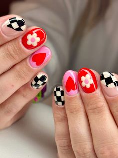 Mix and Match Valentine’s Day Nails done by AllyG Nail Artistry, design by @landofhands Mixed Match Nails, Retro Nail Designs, Mix And Match Nails, Nerdy Nails, Mix Match Nails, Summer Nail Art Designs, Vday Nails, Retro Nails, Black Nail Art