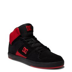 These men’s DC Cure red/black high-top skate-inspired sneakers add an edgy upgrade your casual wardrobe with street-ready flavour. Made of leather upper, these high-top kicks have a round perforated toe and lace-up closure. Features include a welded DC logo detail at quarter, breathable mesh lining, padded collar and tongue for comfort, and a durable rubber performance cupsole. | DC Men's Cure High Top Skate Sneaker in Red/Black Size 10 Medium Dc Shoes High Tops, Dc High Tops, Shoes High Tops, Dress Sandals Flat, Dc Logo, Native Shoes, Retro Sneakers, Dc Shoes, Shoes Heels Pumps