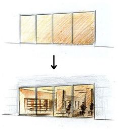 an architectural drawing of the outside of a building with glass walls and doors on each side