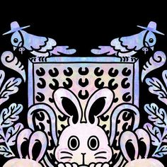 a drawing of a white rabbit in front of a black background