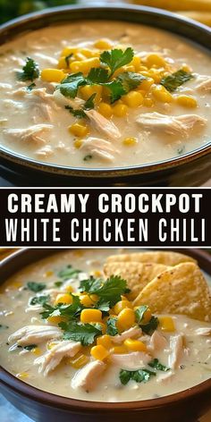 two bowls of creamy crockpot white chicken chili with corn and cilantro