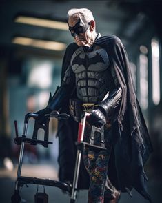 an older man dressed as batman on a scooter