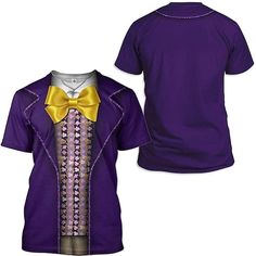 a purple shirt with a yellow bow tie