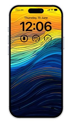 an iphone with the time displayed on it's screen and colorful waves in the background