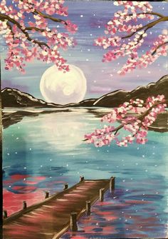 a painting of a pier with cherry blossoms on it and the moon in the background