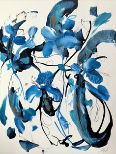 an abstract painting with blue flowers and leaves