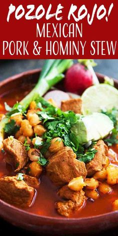 mexican pork and hominy stew in a red bowl with the title above it