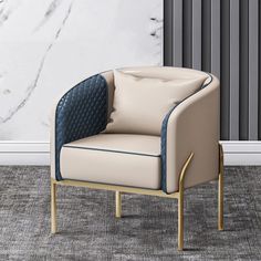 a chair with a blue and white cushion on it in front of a marble wall