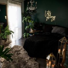 Let's Get Cozy Neon Sign Black Wall Green Bed, Dark Walls Decor, Green Accent House Decor, Chill House Decor, Bedroom Decor Neon Sign, Black Bedroom With Plants Aesthetic, Apartment Decor Vibes, Dark Green Plants Aesthetic Room, Black White And Dark Green Living Room