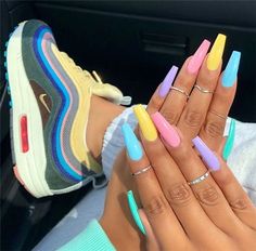 Nails And Rings, Multicolored Nails, Cute Acrylic Nail Designs, Cute Summer Nails, Nails 2020, Summer Nails Colors, Neon Nails