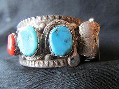 Effie C Zuni Watch Bracelet Turquoise/Coral Snake .925 Sterling Santa Fe Decor, Coral Snake, Turquoise Eyes, Zuni Jewelry, Wichita Ks, Native Jewelry, Watch Bracelet, Sleeping Beauty Turquoise, Coral Turquoise