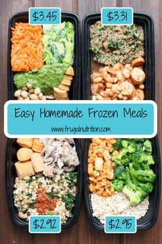 two black trays filled with different types of frozen meals on top of a wooden table