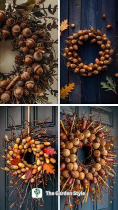 four pictures of different types of wreaths with leaves and acorns on them