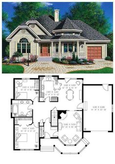 two story house plans with garage and living room on the first floor, an upstairs bedroom is