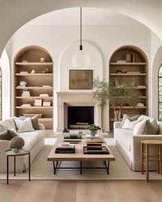 a living room filled with furniture and a fire place in front of a book shelf