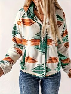 #ad Top Seller for Stylish Aztec Print Fleece Jacket - Casual Long Sleeve Button Front Fall & Winter Essential for Women - Soft, Warm, and Cozy Clothing for Everyday Wear, Women's Jeckets Western Aztec, Fleece Jacket Womens, Retro Jacket, Fashion Hoodies, Ethnic Print, Cozy Outfit, Warm Jacket, Cardigan Fashion