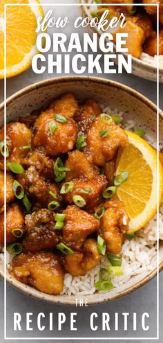 orange chicken with rice and garnish in a bowl on top of a table