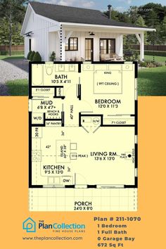 small farmhouse plans 1 bedroom, Plan # 211-1070 12x 40 House Plans, Small Modern Home Layout, Adu Homes, Tiny Farmhouse Plans, Bath House Ideas, Two Bedroom Cottage, Small Living Spaces