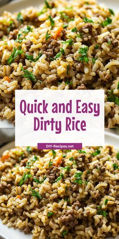 two plates filled with rice and meat next to the words quick and easy dirty rice