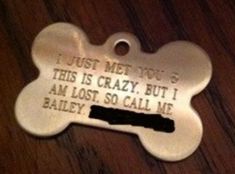 a dog tag that says, just met you this is crazy but i am lost so call me baby