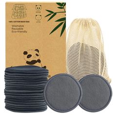 a pack of 10 bamboo coasters next to a mesh bag with panda face on it