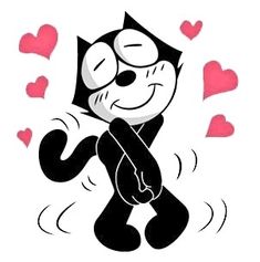 a black and white cartoon cat with hearts around it's neck, hugging his paw