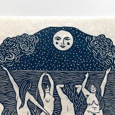 three women are dancing in front of the moon and stars above them, with their hands up