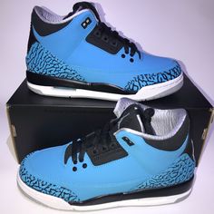 The Air Jordan 3 Retro 'Powder Blue' Dresses Michael Jordan's Third Signature Shoe In A Vibrant Dark Powder Blue, Which Emerges On The Upper's Mix Of Leather And Suede. The Elephant Print Panels At The Toe And Heel Also Incorporate The Color, With A White Air Midsole Providing Contrast. The Outsole Is Finished In Grey, Matched By The Lining. Jordan 3 Retro, Air Jordan 3 Retro, Air Jordan 3, Kids Jordans, Jordan 3, Elephant Print, Grade School, Michael Jordan, Powder Blue