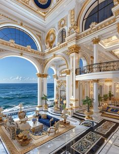 an elaborately decorated living room overlooking the ocean