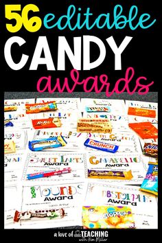 some candy bars are stacked on top of each other with the words, 50 edible candy awards