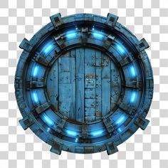 a blue metal door with glowing lights in the center on a transparent background png