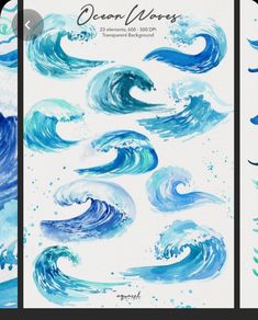 the ocean waves are painted with watercolors and then have been drawn to look like they