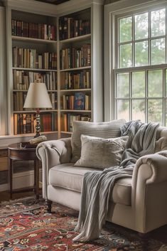 a living room filled with lots of furniture and bookshelves next to a window