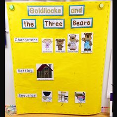 a bulletin board with pictures of bears and the words goldilocks and the three bears