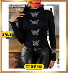 Women's Shirt Blouse Black Butterfly Rhinestone Long Sleeve Casual Weekend Streetwear High Neck Regular Cotton S Casual Black Top With Butterfly Print, Luxury Black Embellished Blouse, Fitted Black Top With Butterfly Print, Fitted Black T-shirt With Rhinestones, Black Rhinestone T-shirt For Streetwear, Black Butterfly, Women Shirts Blouse, Long Sleeve Casual, Black Blouse