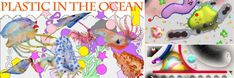 an image of plastic in the ocean collage with sea animals and jellyfishs