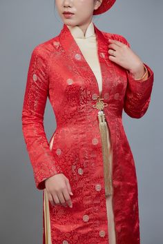 Wedding ao dai; Vietnamese traditional dress in red and champagne color. MEASUREMENTS, SHIPPING TIME ETC.: Free custom fit; we will send you a link to our simple online measurement form within 24 hours of receiving your order. Please allow 3-4 weeks (total) for custom tailoring and shipping, once measurements are received. Please note; we make every effort to ensure our photos accurately represent the true colors of each garment, but due to the nature of different devices, screen brightness, lighting conditions etc. small variations can sometimes occur. If you have any questions about colors or anything else, please don't hesitate to contact us. Elegant Long Ao Dai For Ceremonial, Elegant Long Ao Dai For Ceremonial Use, Elegant Long Ao Dai For Ceremonial Occasions, Formal Long Red Cheongsam, Elegant Cheongsam For Traditional Ceremonies, Elegant Red Ao Dai For Ceremonies, Elegant Red Ao Dai For Ceremony, Elegant Long Sleeve Ao Dai For Traditional Ceremonies, Ceremonial Long Sleeve Gown