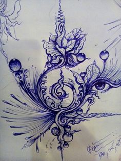 an artistic drawing with blue ink on white paper