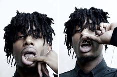 two pictures of a man with dreadlocks making faces and pulling on his tongue