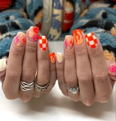 Scottsdale Nail Ideas, Fun Mail Designs, Pitbull Concert Nails, Western Beach Nails, State Fair Nails, Car Show Nails, Orange Checkered Nails, Different Design Nails