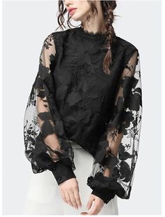 Women's Shirt Blouse Black Floral Lace Patchwork Long Sleeve Daily Weekend Streetwear Casual Round Neck Regular Lantern Sleeve S 2023 - CAD $66.19 Long Sleeve Womens Tops, Lace Clothing, Digital Wardrobe, Pinterest Ideas, Fig Leaves, Round Neck Shirt, Idea Board, Elegant Blouses, Embroidery Blouse